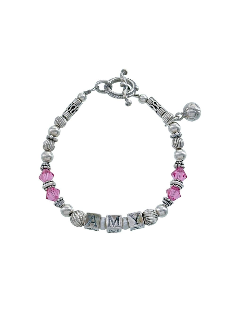 Vintage Silver-Tone Pink Crystal "Amy' Name Bracelet 6.75"